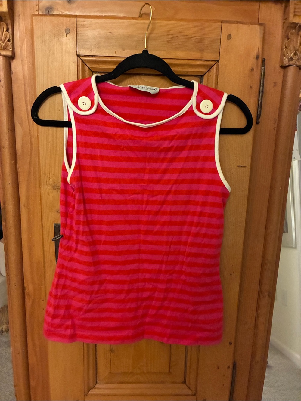 Marimekko Red & Pink Striped Sleeveless Tank with Cream Button Trim
